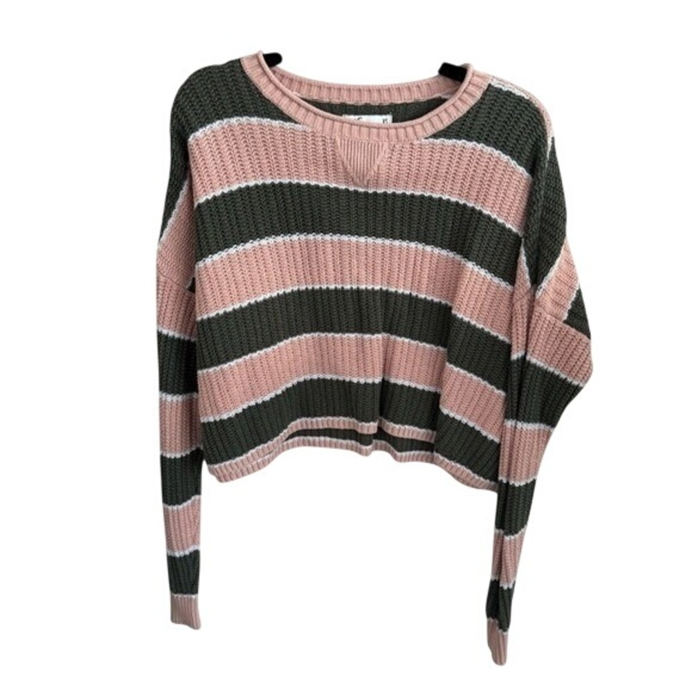 Hollister Pink and‎ Green Striped Cropped Sweater XS